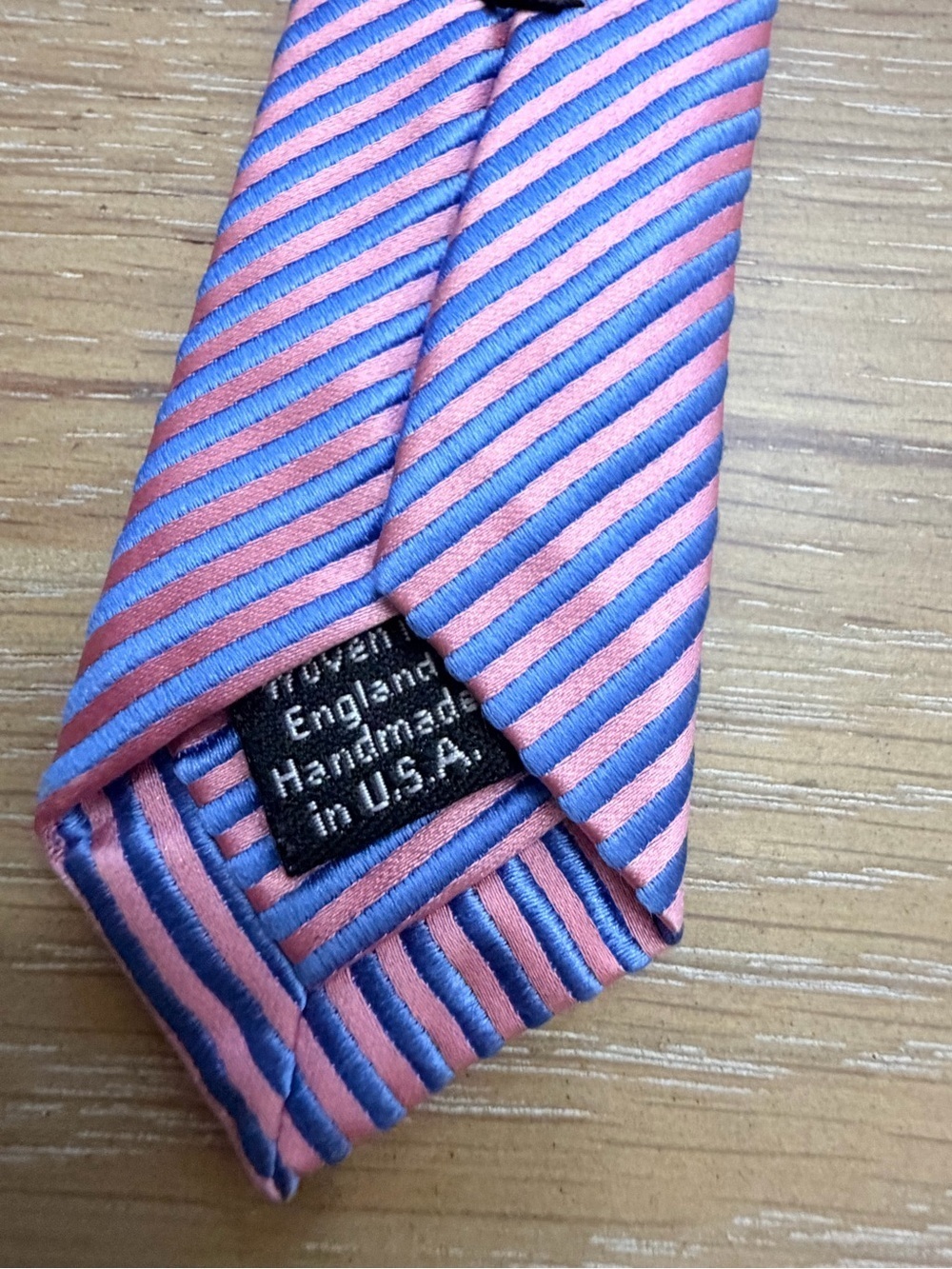 David Donahue Coral Pink and Light Blue Striped Silk Tie - Picture 5 of 6
